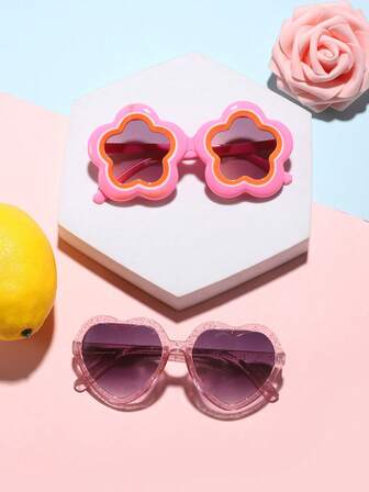2 piezas Gafas de moda con diseño floral y corazón brillante de colores dulces para niños y niñas de 8 a 12 años, adecuadas para fiestas, reuniones y regalos festivos