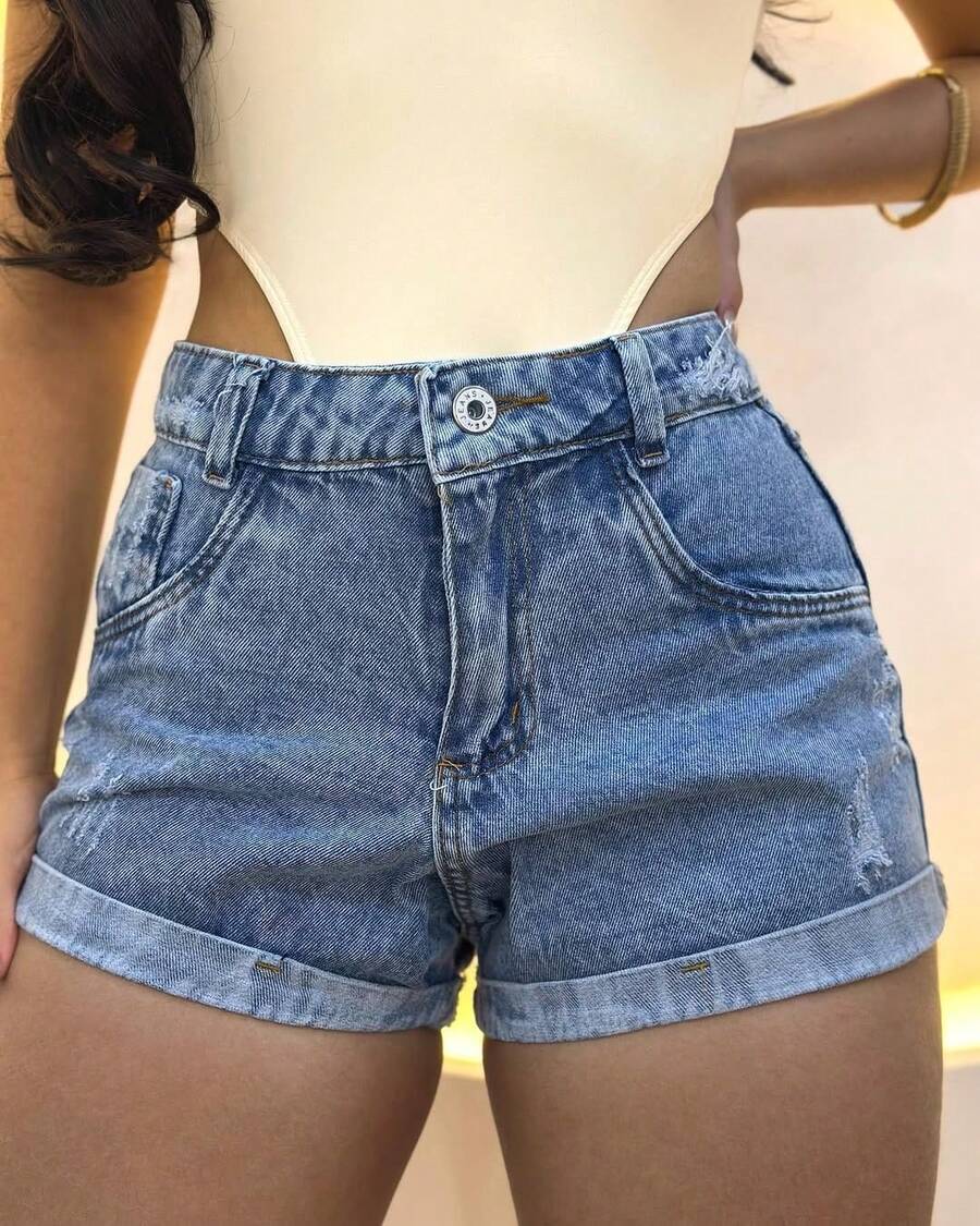 Women's Denim Shorts With Rolled Hem, 100% Jeans - Màu xanh lam - Xem 1