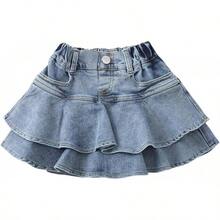 Little Girl's Denim Skirts Mini Flared Pleated Toddler Jean Skorts With Shorts Underneath - 藍色牛仔布 - 查看 12