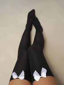 1双加大码女士蝴蝶结装饰过膝袜，适合约会、派对、搭配服装，提升腿部美感