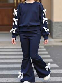 2 件套女童休闲运动衫和喇叭裤套装，蝴蝶结装饰长袖圆领上衣，优雅舒适，适合春秋季 - 藏蓝色 - 查看 6