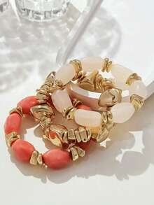 3pcs Vintage Multi-Layer Brown Acrylic Beaded Bracelet, Transformable Gold Chip Bracelet, For Women, Couples, Party, Daily Wear - 三件套 V - 查看 6