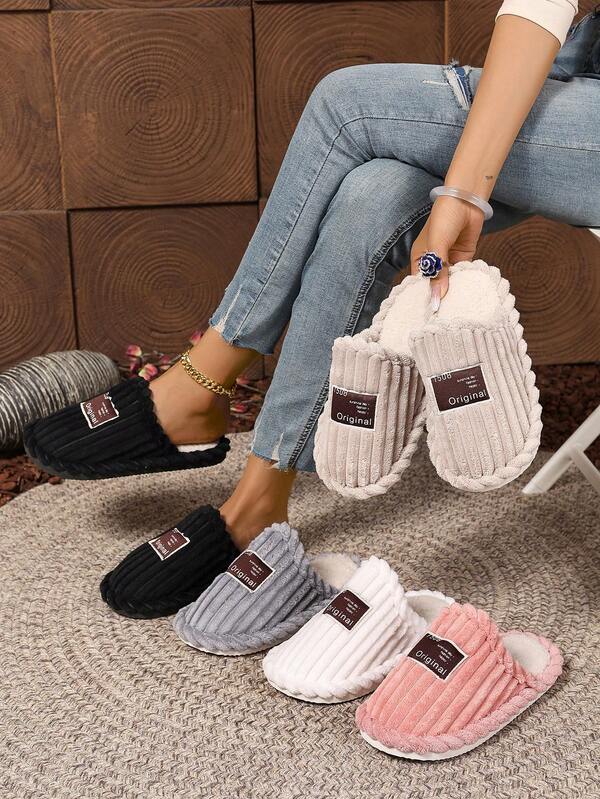 Pantuflas unisex de pana con forro de felpa, diseño a rayas de moda, suela antideslizante de EVA