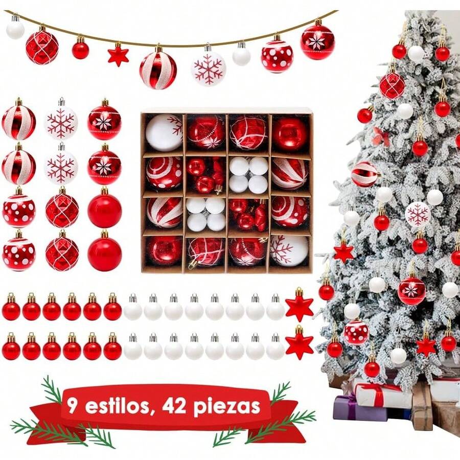 SlowTon Esferas Navideñas 44PCS, Adornos de Bolas Navidad para Árbol de Navidad, con Lazo para Colgar, Irrompibles Colgantes Bolas Decorativas Brillante para Hogar, Bodas, Fiestas, Interior y Exterior - Rojo Blanco - Ver 1