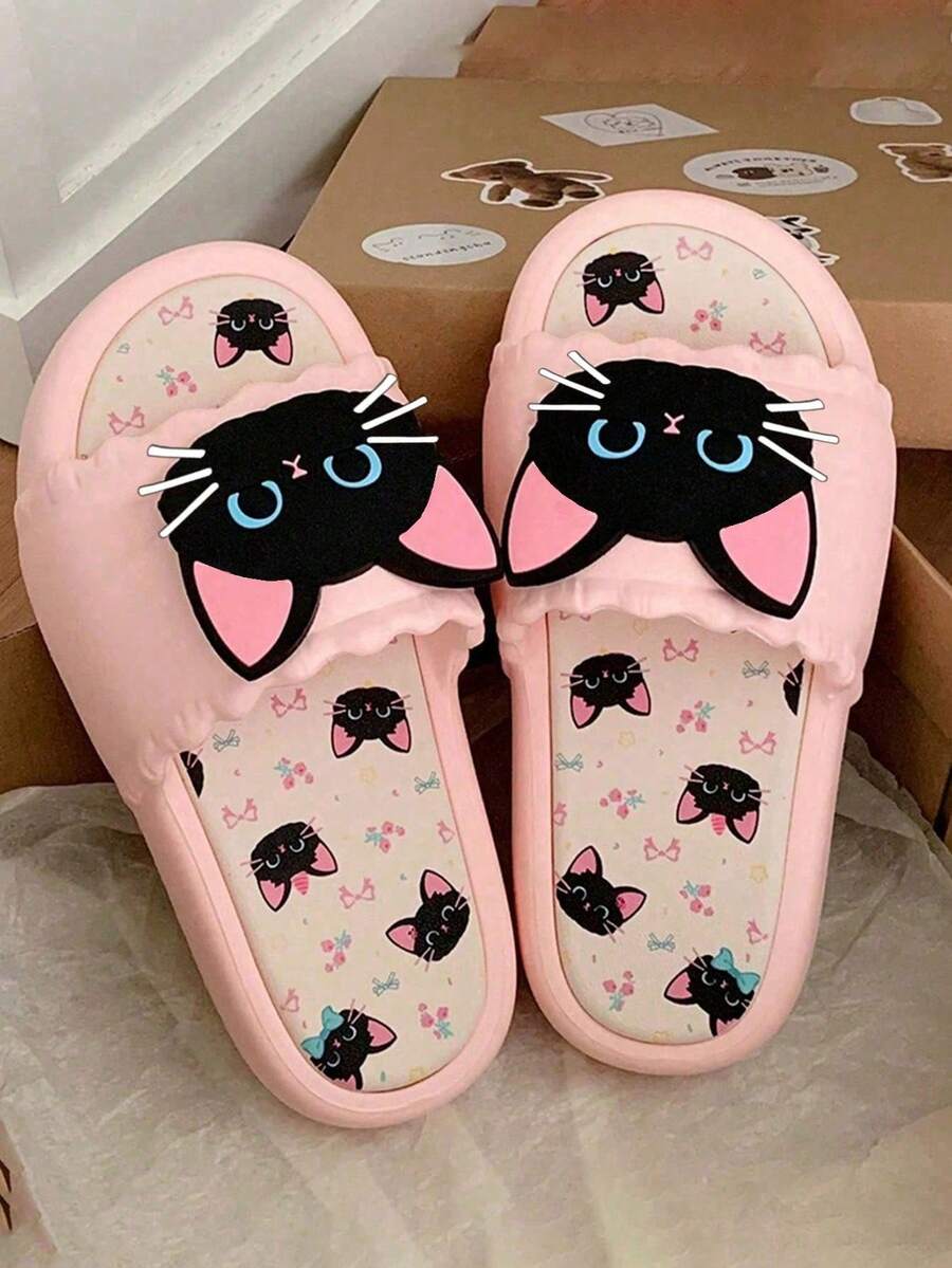 1 pieza Sandalias de suela blanda personalizadas y casuales, diseño de gato negro dulce, adecuadas para uso interior y exterior, talla pequeña