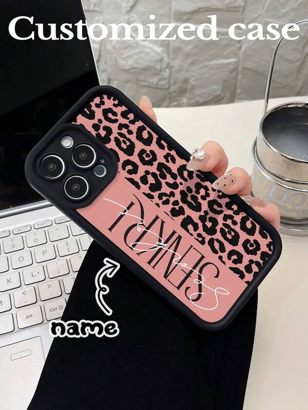 1 Peça Capa de Telefone Personalizada de Bambu Preto Perfurado com Impressão de Leopardo Multicolorida e Nome Personalizado, Adequada para iPhone 17 Air 16 15 14 13 12 11 Pro Max, Galaxy S25 24 23 Ultra FE A55 54 35
