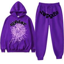 Spider Web 55555 Men's 2025 Graphic Letter Print Sweatshirt & Jogger Pants Set, Oversized Knit Sweater With Cuffed Hem, Casual Streetwear Tracksuit, Y2K Autumn Winter Loungewear - 紫色 - 查看 1