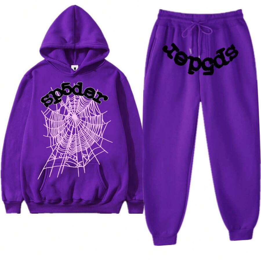 Spider Web 55555 Men's 2025 Graphic Letter Print Sweatshirt & Jogger Pants Set, Oversized Knit Sweater With Cuffed Hem, Casual Streetwear Tracksuit, Y2K Autumn Winter Loungewear - 紫色 - 查看 1