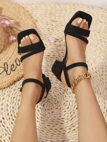 1 Pair Women's Fashionable Strap Chunky Heel Sandals, Solid Color Open Toe, Minimalist Chic, Suede Covered Heel, European And American Style - Woven Black - View 1