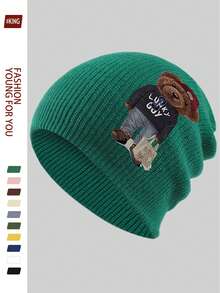 1pc Cartoon Red Hat Teddy Bear Print Fashionable Knitted Beanie Hat, Korean Style Versatile Knit Cap, Soft & Warm Casual Ski Hat, Unisex Autumn/Winter Accessory, Suitable For Skiing, Cycling, Running, Skateboarding, Fitness, Great Gift For Family And Friends On Birthday, Halloween, Christmas - A - View 11