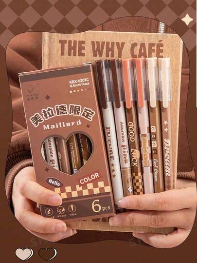 6 Pieces (1 Box) Maillard Gel Pen Set Coffee 0.5mm Ball Point Pen Black Quick Drying Ink, Suitable For Writing Office School