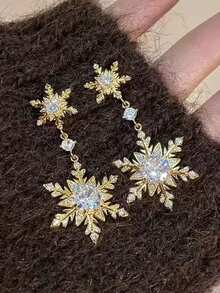 1 Pair Unique Elegant Snowflake Inlaid Glass Design Earrings, Fashionable & Sophisticated, Suitable For Parties And Gatherings