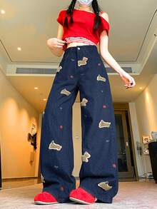 女式高腰宽松直筒牛仔裤，带小狗刺绣 - 深藍色 - 查看 3