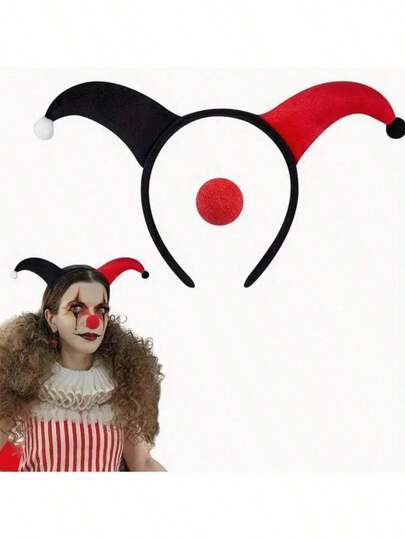 2pcs Ghostly Red Nose Headband, Party Devil Hair Accessories, Funny Clown Carnival Costume Headwear, Suitable For Halloween Party, Carnival And Cosplay Decorations, Solid Color Cute
