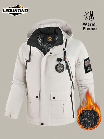 LEDUNTINO Men's Solid-Color Outdoor Thickened Padded Jacket Coat For Autumn/Winter, Featuring Multiple Pockets And A Detachable Hood With Zipper-Perfect For Winter Hiking And Outdoor Adventures, And An Ideal Gift For Your Boyfriend.