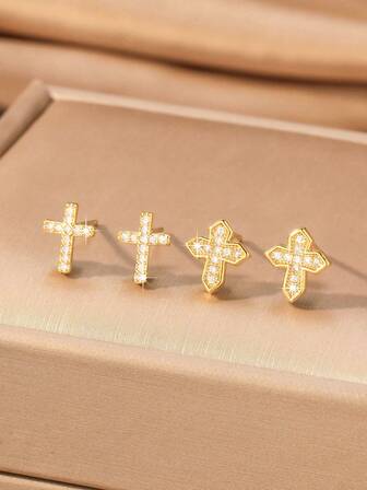 1 对女士方晶锆石十字架耳钉，朋克风格宗教配饰，小众奢华，时尚