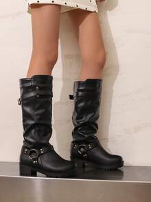 Stivali da cowgirl con punta tonda per donna, autunno/inverno, stivali western ad alto fusto, stivali alti con fibbia retrò, tacco chunky, suola spessa e comoda, stivali da esterno alla moda, adatti per feste - nero - Visualizzare 3