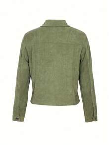 加大码灯芯绒短袖衬衫，翻领，常规长袖，前襟纽扣装饰，假口袋，无弹力面料，常规长度外套 - 軍綠色 - 查看 2