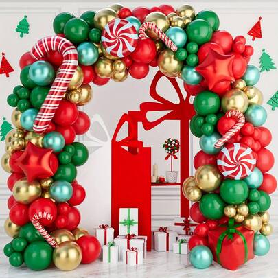 140ppcs Christmas Balloon Wreath Set, Including Red, Gold, Green Latex Balloons And Cane Candies, Red Star Aluminum Foil Balloons, Suitable For Christmas Decoration, Birthday Parties, Candy Themed Party Decoration, And New Year Decoration.