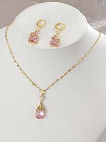 1 件时尚方晶锆石泪滴形不锈钢女士项链，1 对时尚方晶锆石泪滴形不锈钢女士耳环，防水不锈钢首饰，金色首饰，金耳环，高品质镀金首饰，秋季耳环 - 金黃色 - 查看 11