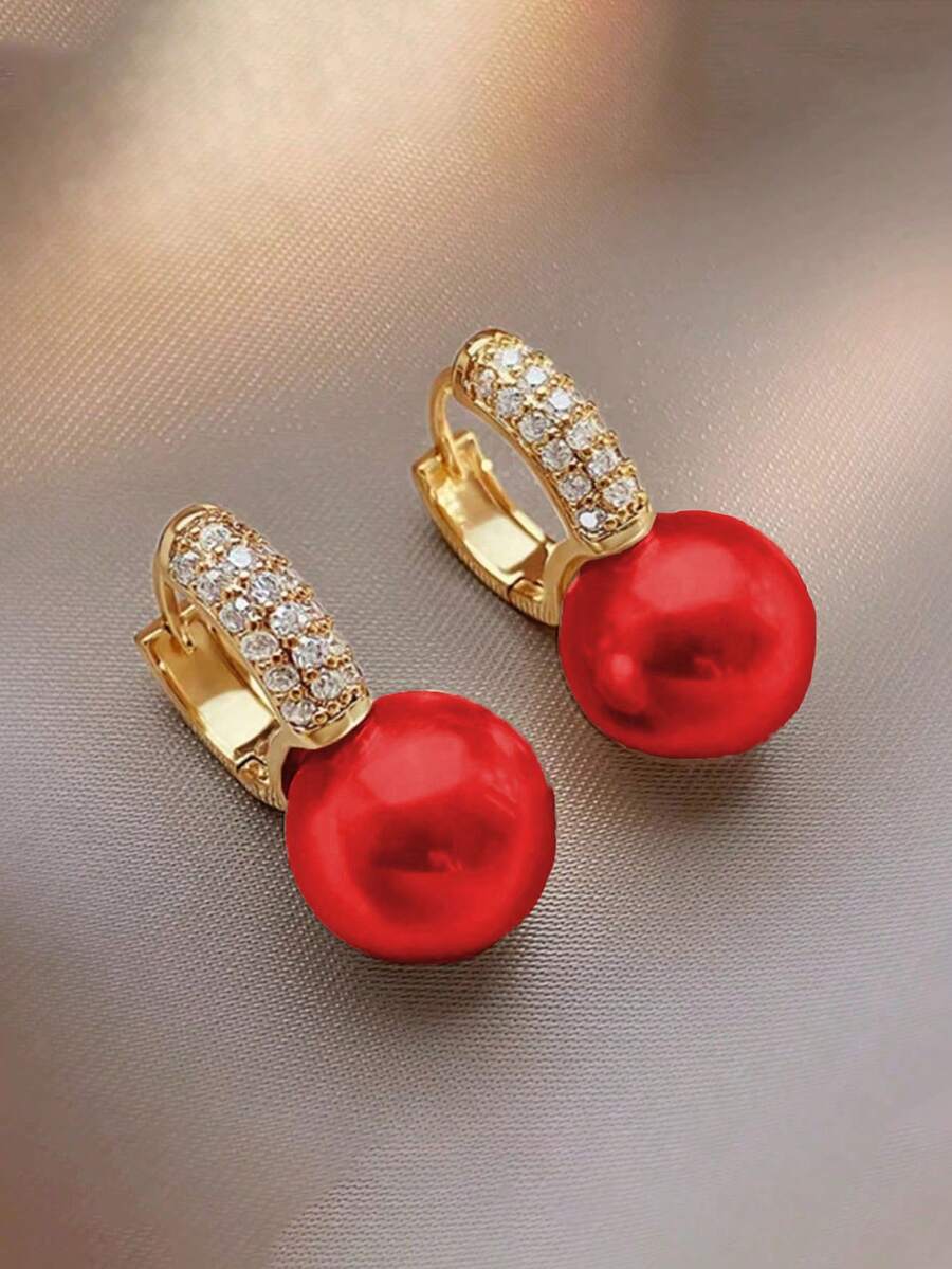 1 Pair Elegant Minimalist Red Ball Rhinestone Decor Pendant Earrings For Women - Red - View 1
