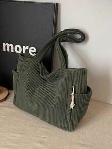 Geantă de damă din catifea reiată, capacitate mare, cu buzunare duble, un umăr