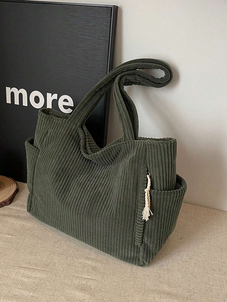 Geantă de damă din catifea reiată, capacitate mare, cu buzunare duble, un umăr