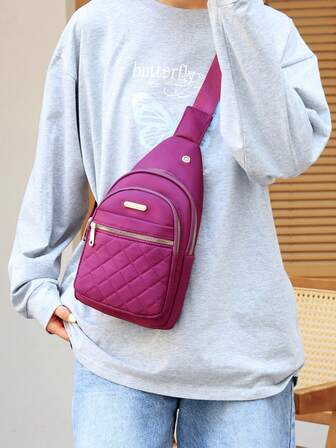 1pc Nylon Solid Color Fashion Embroidered Rhombus Pattern Women Chest Bag, Multi-Functional Outdoor Travel Adjustable Shoulder Strap Crossbody Bag, Suitable For Phone, Cosmetics, Cycling, Sports