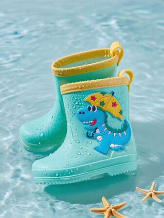 HAHABOBO 万圣节新款中筒儿童雨靴 - 流行可爱卡通恐龙图案橡胶靴，男女通用幼儿雨靴，防水，适合玩水，时尚百搭，轻便柔软，适合雨天、户外通勤、上学和散步；适合夏秋和所有季节