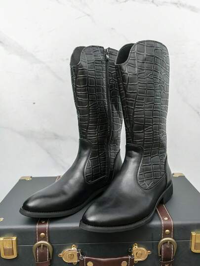 男士高帮牛仔靴，复古格子西部靴，复古英伦风骑士靴