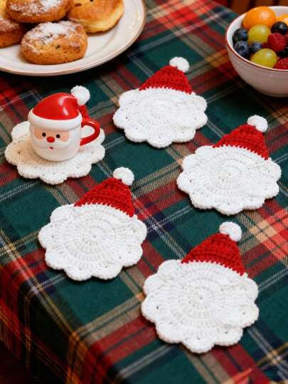 2/4pcs Set, Handmade Knitted Christmas Cup Coasters: Adorable Santa Hat Design, Heat-Resistant Tabletop Decor, Coffee Drink Coasters, Winter Decoration, Christmas Decor, Home Decor, Christmas Dining Table Decor, Christmas Party Decoration, Add Warmth And Chic To Your Holiday Table, Christmas Gift