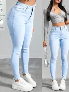 Pantalones vaqueros ajustados de tiro alto, tejido suave y elástico, estilo casual y versátil - Lavado ligero - Ver 1