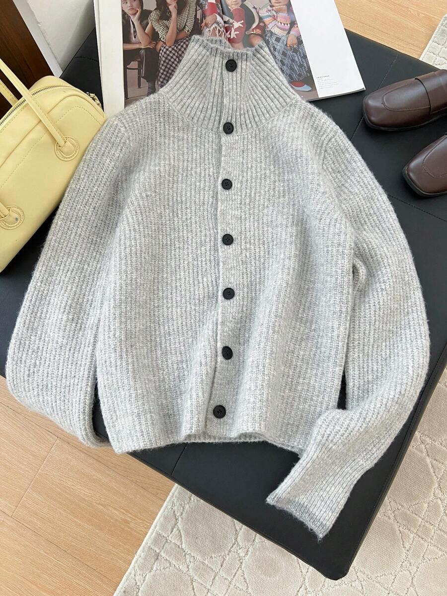 1 pieza Cárdigan de punto acanalado suave de color contrastante, de cuello alto, jersey de manga larga versátil y de moda único para mujer