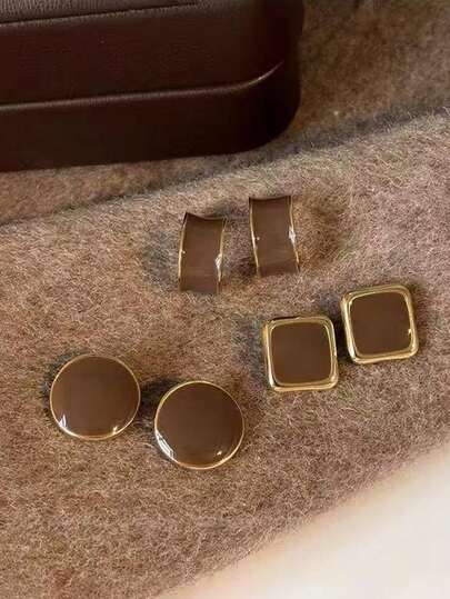 3 Pairs Elegant & Sophisticated Brown Geometric Pattern Pendant Earrings Set, Suitable For Daily Wear, Parties And Formal Occasions, Suitable For Autumn/Winter