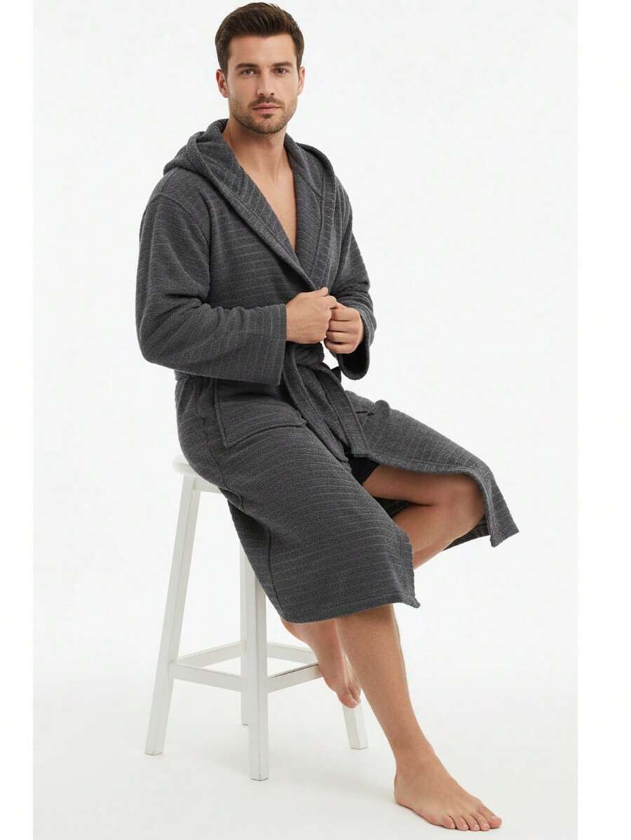 Bathrobe Women Fluffy, Bathrobe Men With Hood Terry Cloth Sauna Robe, Unisex, Sauna Robe Women With Long Belt S/M - L/XL Home Bathroom Decor Summer - màu đen - Xem 1