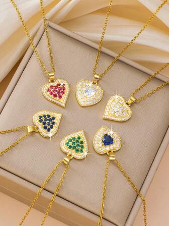 1pc Women's Vintage-Style Colorful Stone Inlaid Heart-Shaped Pendant Necklace, Unique Design, Suitable For Engagement, Holidays, Parties, Dates, Music Events