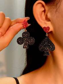1 Pair European & American Classic Versatile Fashion Rhinestone Inlaid Cartoon Black & Red Playing Card Earrings