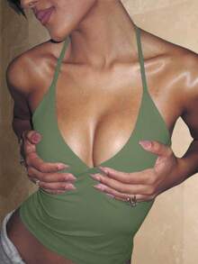 Minimalist Halter Top With V-Neck And Tie At The Neck Summer - Army Green - View 4
