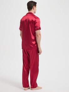 بدلة بيجاما رجالية كاجوال قصيرة الأكمام جديدة - عنابي اللون - مشاهدة 5