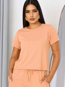 Women's Comfort Casual Sweatshirt Set - 珊瑚橙 - 查看 3
