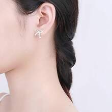Bow Earrings For Women  Sparkly Rhinestone Chain Tassel Earrings Cute Ribbon Stud Earring Daily Party Jewerly Gifts Christmas Stocking Stuffers - A2:silver Bow Stud Earrings - View 5