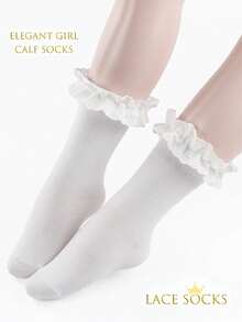 2 pares de calcetines de pantorrilla con ribete de encaje; calcetines de media pantorrilla simples y cómodos para niñas con estilo de princesa elegante; adecuados para combinar con zapatos tipo Mary Janes. Talla para edades de 3 a 12 años.