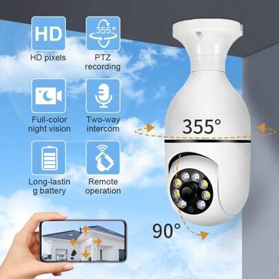 1pc White Light Bulb Camera, Easy Installation, Standard Base, Suitable For Regular Home Lighting Socket, Can Be Installed Anywhere Needed. Built-In Microphone, Two-Way Audio, 360° Rotation, Motion Detection, Remote Alarm, Smart Dual Lights, Infrared Night Vision Security Camera