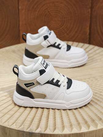 Kids' Fashionable Color Block High-Top Sneakers, Letter Patch Design For Stylish Look, Soft Sole With Shock Absorption, Suitable For School And Casual Wear