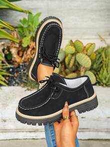 New Women Thick Sole Casual Sneakers, Fashion Simple Lace-Up Thick Bottom Flats, Suitable For Everyday Casual Wear In All Seasons - Black - View 7