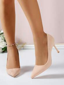 女士高端藕粉色麂皮8.5厘米细高跟尖头浅口性感夜店时尚婚礼通勤日常高跟鞋