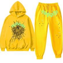 Spider Web 55555 Men's 2025 Graphic Letter Print Sweatshirt & Jogger Pants Set, Oversized Knit Sweater With Cuffed Hem, Casual Streetwear Tracksuit, Y2K Autumn Winter Loungewear - 黃色 - 查看 10