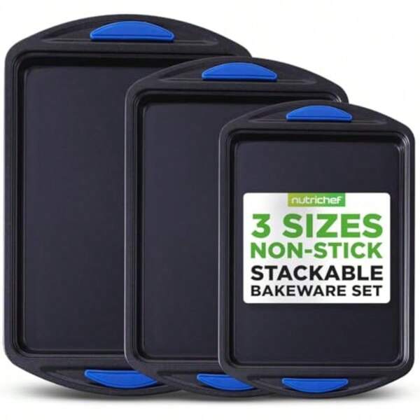 3Piece Baking Pan Set Premium Nonstick Carbon Steel Bakeware W Silicone Handles Includes Large Medium And Small Pans For Baking And Roasting PFOA PFOS PTFE Free Gray