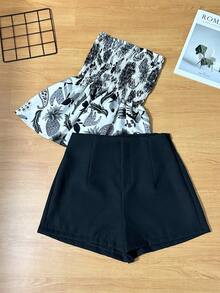Women's Two Piece Set, Strapless Printed Top And Plain Shorts, Casual Summer Outfit - Branco claro e preto - 查看 3