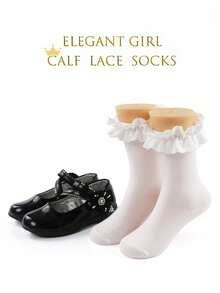 2 pares de calcetines de pantorrilla con ribete de encaje; calcetines de media pantorrilla simples y cómodos para niñas con estilo de princesa elegante; adecuados para combinar con zapatos tipo Mary Janes. Talla para edades de 3 a 12 años.